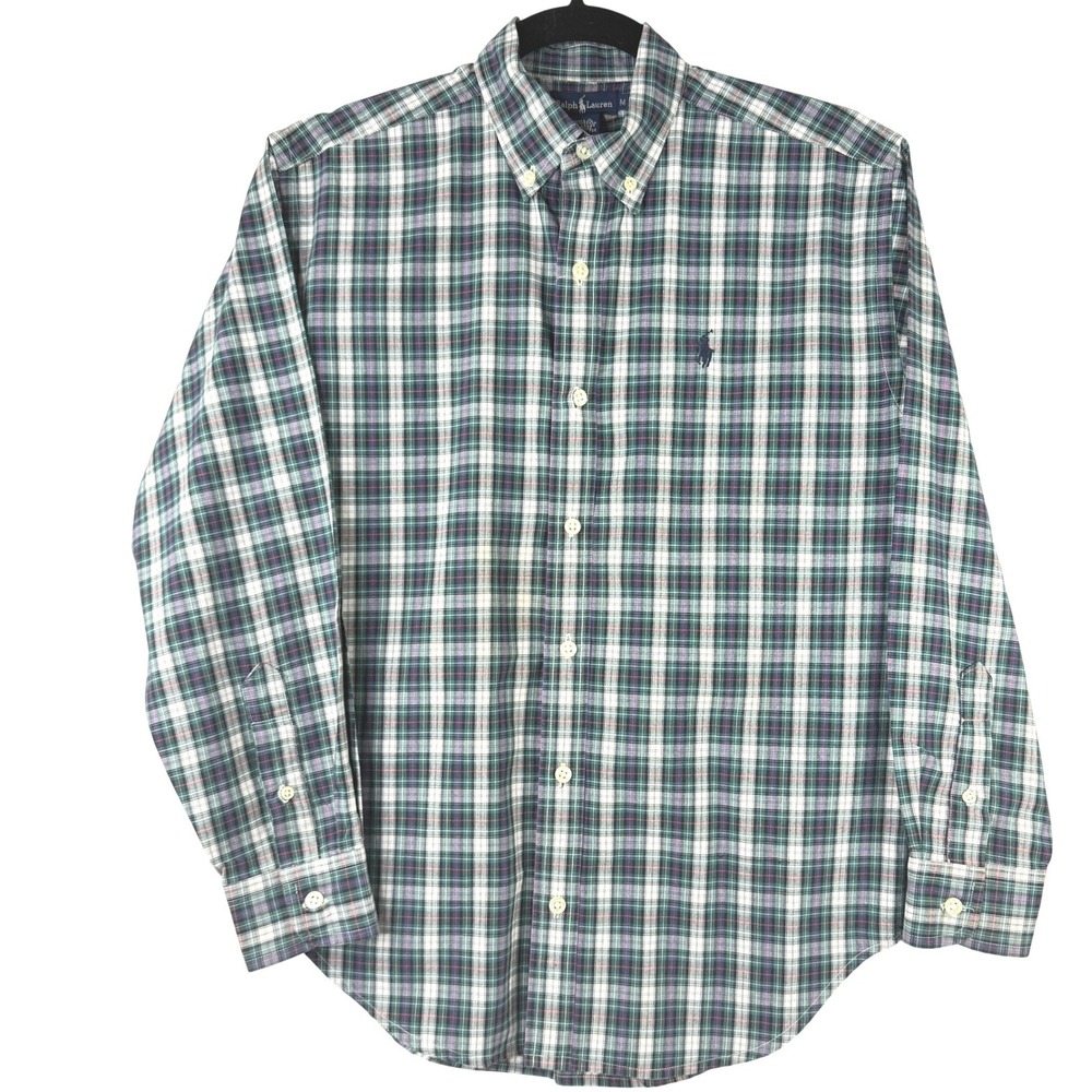 Ralph Lauren Plaid Button Down Shirt Boys M Green Navy Classic Long Sleeve